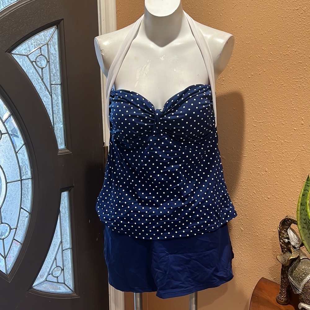 Chaps navy blue polka dot two piece swimsuit